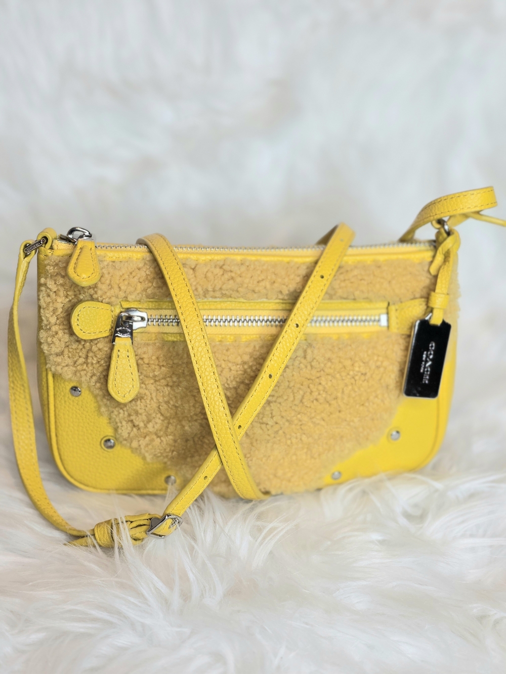 Coach Rhyder Shearling & Pebbled Leather Crossbody Bag In Banana Style #36490..